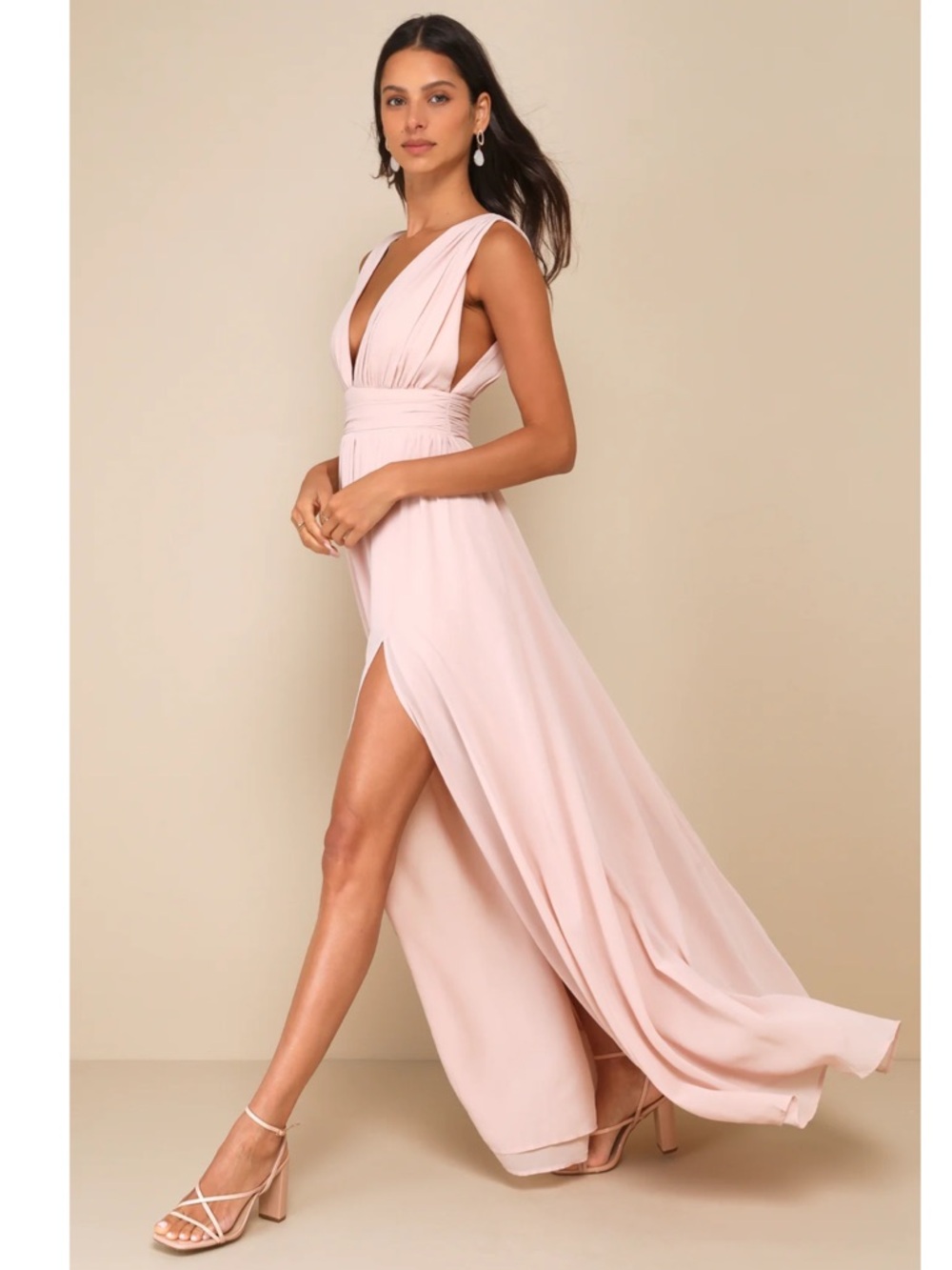 Lulus Heavenly Hues Blush Pink Chiffon V-Neck Maxi Dress NWT XL